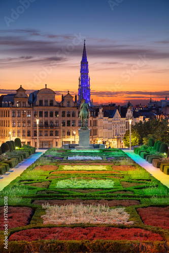 Brussels, Belgium. Cityscape image of Brussels with City Hall and Mount of the Arts area at sunset.