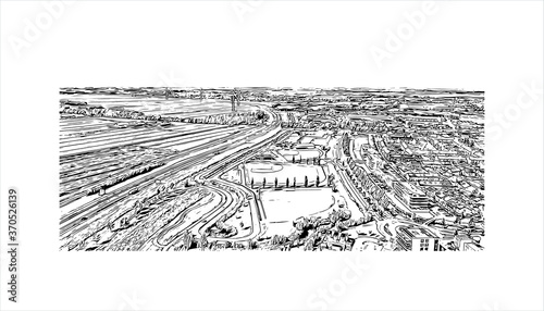 Building view with landmark of Alphen aan den Rijn is a city and municipality in the western Netherlands. Hand drawn sketch illustration in vector.