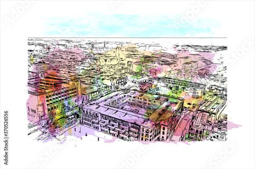 Building view with landmark of Alphen aan den Rijn is a city and municipality in the western Netherlands. Watercolor splash with hand drawn sketch illustration in vector.