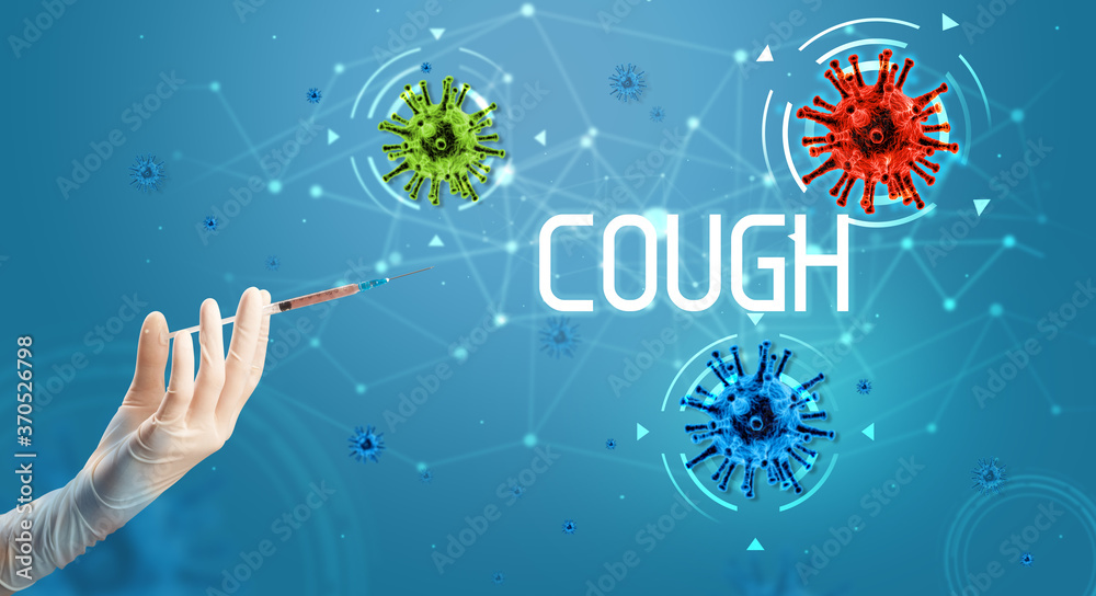 Syringe, medical injection in hand with COUGH inscription, coronavirus vaccine concept