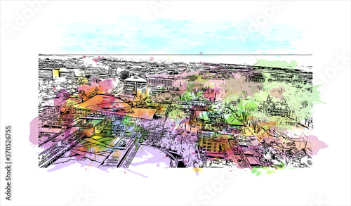 Building view with landmark of Alphen aan den Rijn is a city and municipality in the western Netherlands. Watercolor splash with hand drawn sketch illustration in vector.