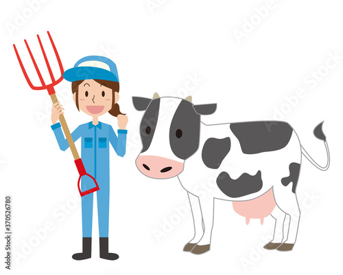 酪農家の女性と乳牛