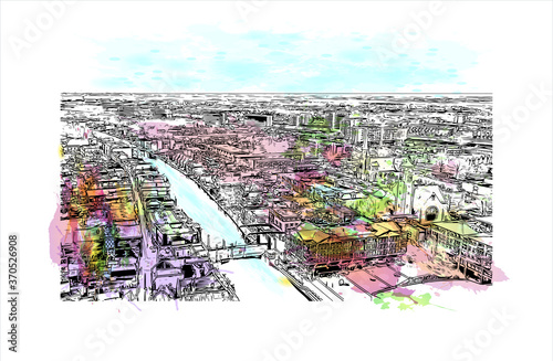 Building view with landmark of Alphen aan den Rijn is a city and municipality in the western Netherlands. Watercolor splash with hand drawn sketch illustration in vector.