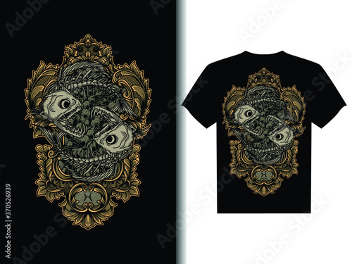 artwork illustration and t-shirt design pisces skull zodiac with engraving ornament premium vector