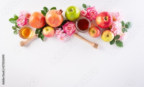 Bild auf Leinwand Rosh hashanah (jewish New Year holiday), Concept of traditional or religion symbols on white background