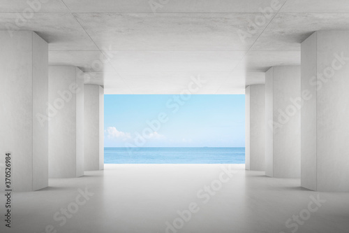 Fototapeta Naklejka Na Ścianę i Meble -  3d render of empty concrete room on sea background.	