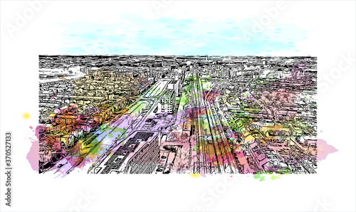 Building view with landmark of Alphen aan den Rijn is a city and municipality in the western Netherlands. Watercolor splash with hand drawn sketch illustration in vector.