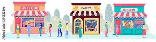 Queue for grocery stores. Pastry shop, fast food and ice cream. Social distance in the queue.Vector illustration in flat style. Banner