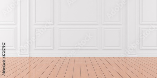 3D render of empty room with wooden floor and classic wall.