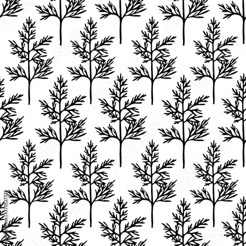 Botanical print for fabric, wrapping paper, wallpaper, design. Contrasting pattern in the form of black twigs on a white background.