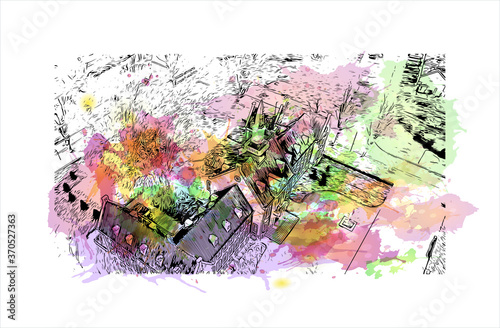 Building view with landmark of Alphen aan den Rijn is a city and municipality in the western Netherlands. Watercolor splash with hand drawn sketch illustration in vector.
