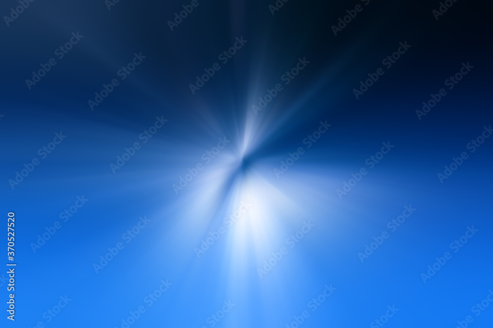 Abstract light blue, white zoom effect background. Digitally generated image. Rays of  light blue,white light. Colorful radial blur, fast speed zooming motion, sunburst or starburst.                  