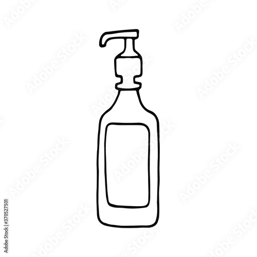 Hand drawn liquid soap container isolated on a white background. Doodle, simple outline illustration. bottle antiseptic,Liquid soap hand drawn with a black line. Antibacterial agent. .