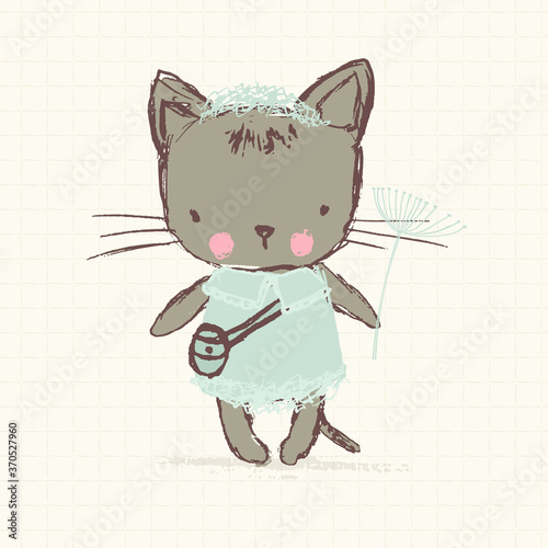 Hand drawn kitten illustration. Cute baby shower girl invitation design. Retro style clipart drawing. Grey little cat in lace dress with small bag and flower