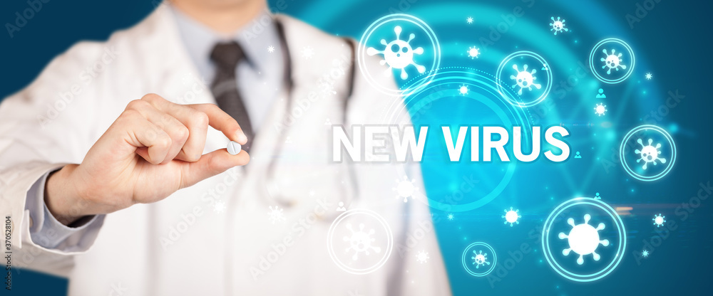 Doctor giving pill with NEW VIRUS inscription, coronavirus concept Doctor giving pill with NEW VIRUS inscription, coronavirus concept