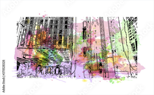 Building view with landmark of Alphen aan den Rijn is a city and municipality in the western Netherlands. Watercolor splash with hand drawn sketch illustration in vector.