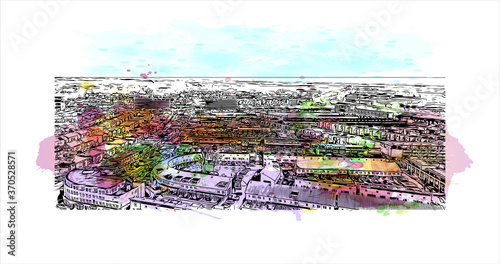 Building view with landmark of Alphen aan den Rijn is a city and municipality in the western Netherlands. Watercolor splash with hand drawn sketch illustration in vector.