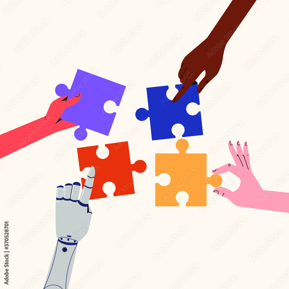 Robot and different color hand holding puzzle. Social relationship and creativity.