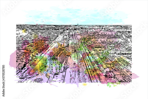 Building view with landmark of Alphen aan den Rijn is a city and municipality in the western Netherlands. Watercolor splash with hand drawn sketch illustration in vector.