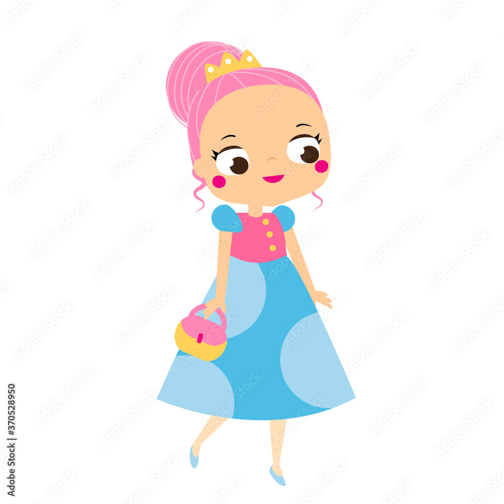 Cartoon girl in beautiful dress, crown and purse. Cute princess. Cartoon girl in beautiful dress, crown and purse. Cute princess.