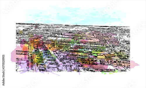 Building view with landmark of Alphen aan den Rijn is a city and municipality in the western Netherlands. Watercolor splash with hand drawn sketch illustration in vector.