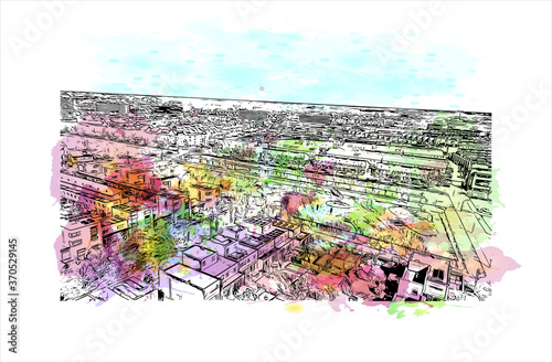 Building view with landmark of Alphen aan den Rijn is a city and municipality in the western Netherlands. Watercolor splash with hand drawn sketch illustration in vector.