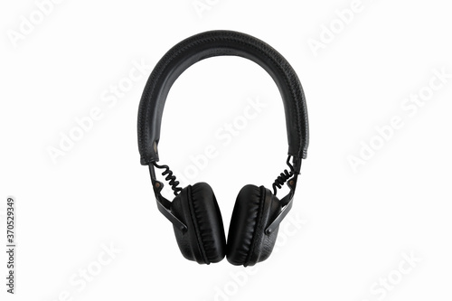 Portable black headphones on white background.