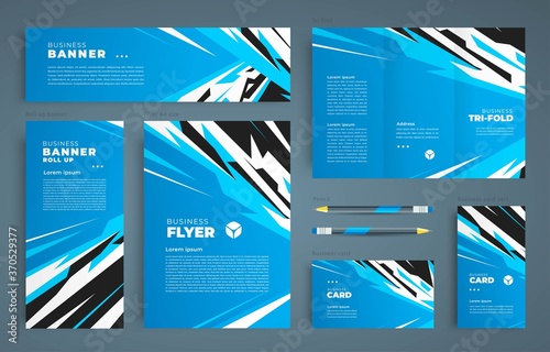 Action Stripes Fraction Abstract bluecolor Set flyer cover, tri-fold, banner, roll up banner, business card