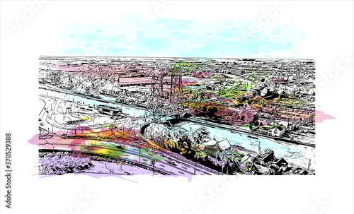 Building view with landmark of Alphen aan den Rijn is a city and municipality in the western Netherlands. Watercolor splash with hand drawn sketch illustration in vector.