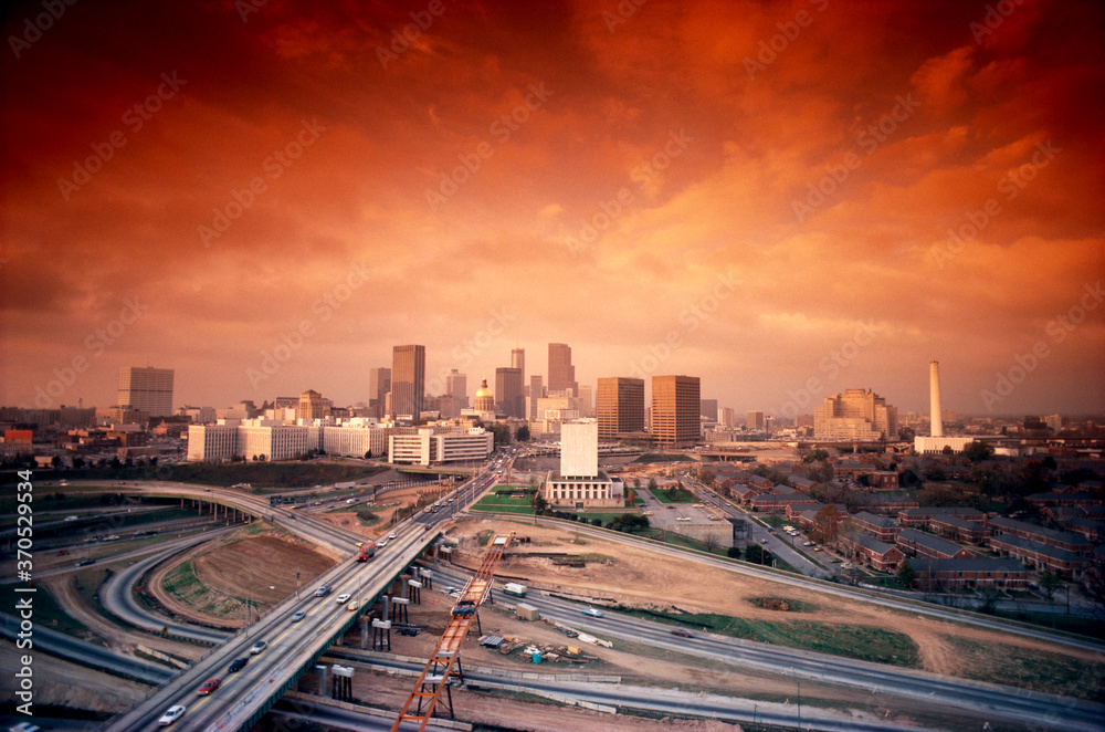 highway roads at sunset in city, many rods at sunset