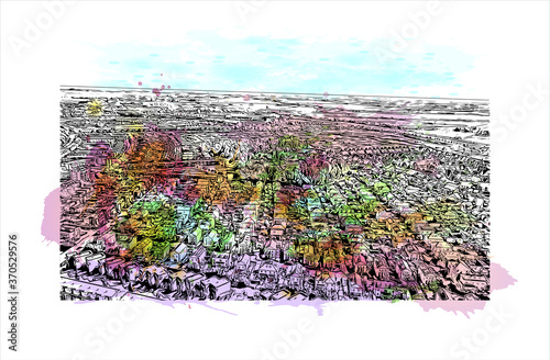 Building view with landmark of Alphen aan den Rijn is a city and municipality in the western Netherlands. Watercolor splash with hand drawn sketch illustration in vector.