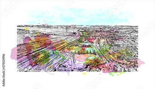 Building view with landmark of Alphen aan den Rijn is a city and municipality in the western Netherlands. Watercolor splash with hand drawn sketch illustration in vector.