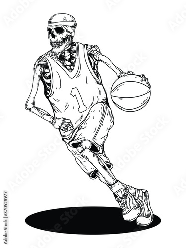 tattoo and t-shirt design black and white hand drawn skeleton basketball premium vector