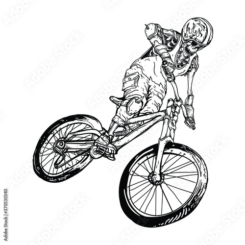 tattoo and t-shirt design black and white hand drawn skeleton with b.m.x bike  premium vector