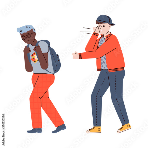 Boy teases and insults another boy, cartoon vector illustration isolated on white background. Bullying and abuse between children and teenagers concept.
