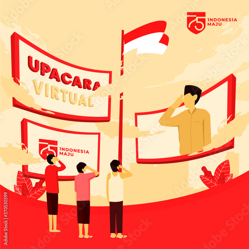 Vector illustration of virtual ceremony of independence day during covid-19. Indonesian saluting people. 75 years indonesia independence day.