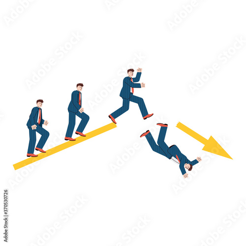 Financial global economic crisis concept with business people falling down from broken graph arrow, flat cartoon vector illustration isolated on white background.