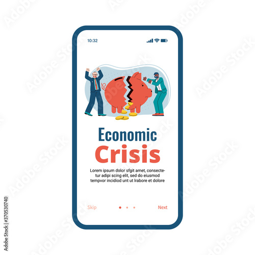Onboarding screen page design of economic crisis concept with business people cartoon characters near piggy bank, flat vector illustration isolated on white background.