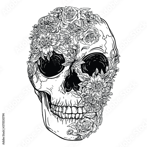 tattoo and t-shirt design black and white hand drawn skull roses premium vector
