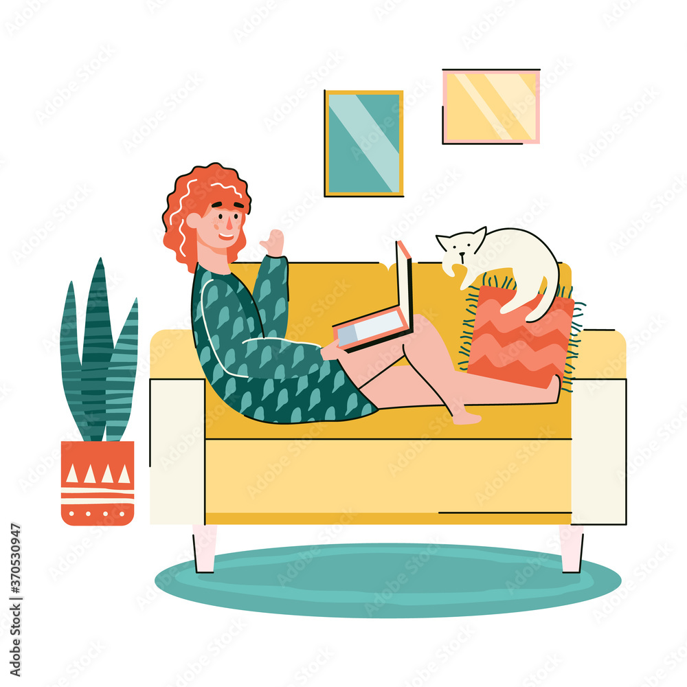 Woman at home using laptop on sofa - female cartoon character sitting on  cozy living room couch waving to web camera, vector illustration of person  with computer Stock Vector | Adobe Stock