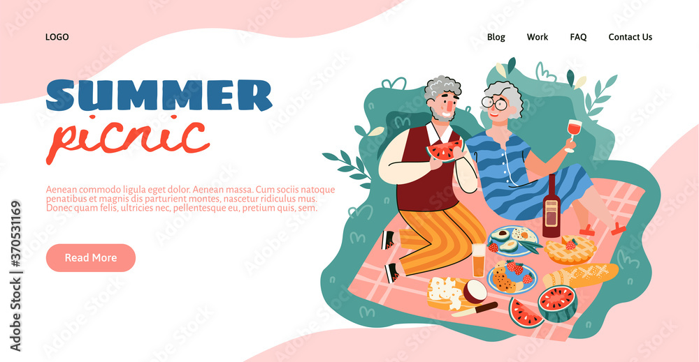 Old couple on summer picnic - website banner with cartoon senior people eating delicious food on picnic blanket. Romantic outdoor date vector illustration. Old couple on summer picnic - website banner with cartoon senior people eating delicious food on picnic blanket. Romantic outdoor date vector illustration.