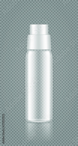 Empty transparent bottle mockup for shampoo, gel, bath foam, cleaner. Plastic package design. Blank product container template laundry, soap, stain remover. 3d realistic vector illustration