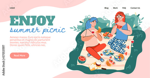 Website interface with header calling to enjoy summer picnic and couple eating outdoors, flat vector illustration. Landing page for picnic arranging services and places.