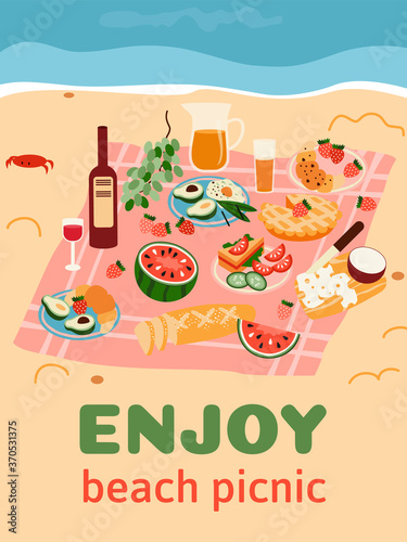 Beach picnic invitation card template with tablecloth served for picnic on seashore sand  flat cartoon vector illustration. Seaside leisure and recreation outdoors.