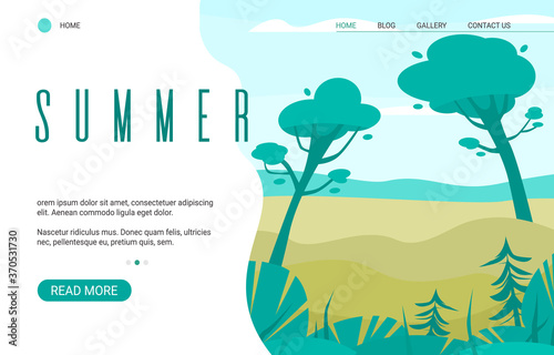 Summer website banner template with summer day nature landscape, cartoon vector illustration. Park, nature reserve tourism or forest camping recreation and rest.