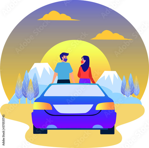 Man and woman are enjoying sunset together illustration