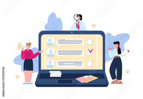Tiny HR department managers standing near huge laptop and looking for new employee, flat vector illustration isolated on white background. We are hiring concept.