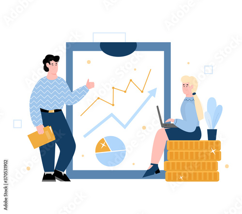 Concept for business analysis and investments with cartoon people standing near business diagram and chart, flat vector illustration isolated on white background.
