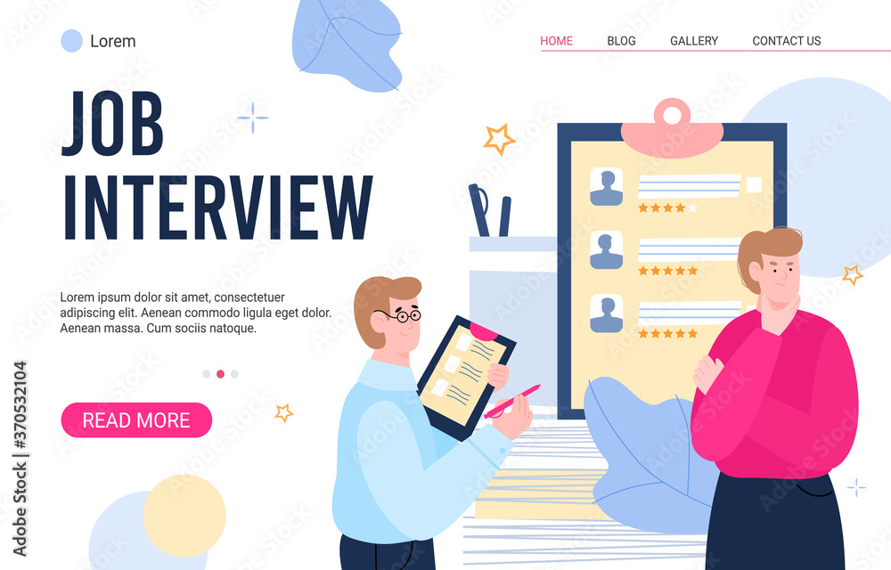 Interview scene with candidate and recruiter cartoon character, flat vector illustration. Site interface or landing page template for a recruiting agency.