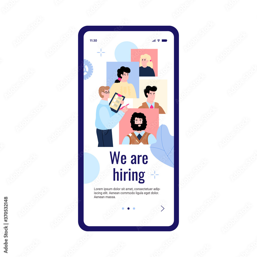 We are hiring - employee search mobile app banner with HR man looking at job candidates for future career. Smartphone screen with onboarding concept, vector illustration We are hiring - employee search mobile app banner with HR man looking at job candidates for future career. Smartphone screen with onboarding concept, vector illustration